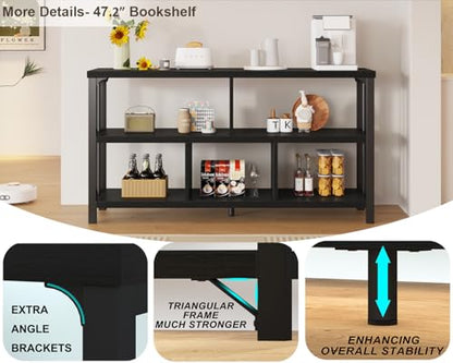 Horizontal Cube Book shelf, Industrial Modern Open Bookshelf, Low Wide Home 5 Cube Storage Organizer Long Shelf for Bedroom, Short Wood and Metal Cubby Book Shelf for Living Room, Black Oak, 47 In