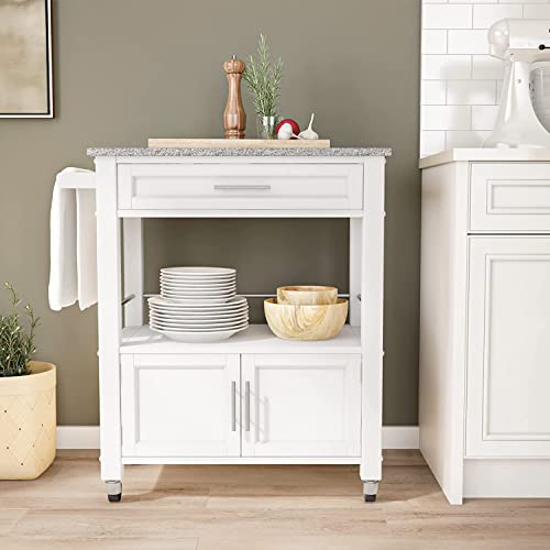 Kyler White Granite Topped Kitchen Cart with Lockable Casters and Hidden Storage Spaces