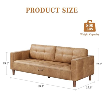 83” Brown Faux Leather Couch, 3 Seater Sofa Couches with 2 Removable Back Cushions for Living Room, Large Mid Century Modern Office Apartment Couch (Brown)