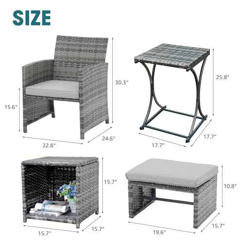 6 Piece Patio Furniture Conversation Set with Ottoman, Outdoor Grey Wicker Chair and Table Set, Balcony Furniture for Apartments, Light Grey
