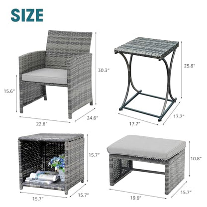 6 Piece Patio Furniture Conversation Set with Ottoman, Outdoor Grey Wicker Chair and Table Set, Balcony Furniture for Apartments, Light Grey