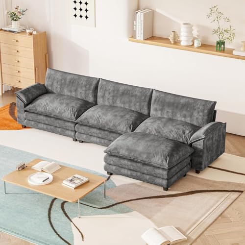 119" Modular Couch 3-Seat Sofa with Reversible Ottoman, Cloud Couch L Shaped Sofa with Deep Seat, Chenille Sectional Couches for Living Room