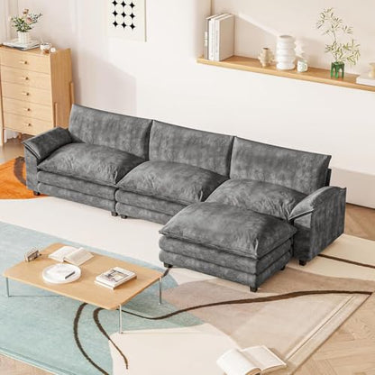 119" Modular Couch 3-Seat Sofa with Reversible Ottoman, Cloud Couch L Shaped Sofa with Deep Seat, Chenille Sectional Couches for Living Room