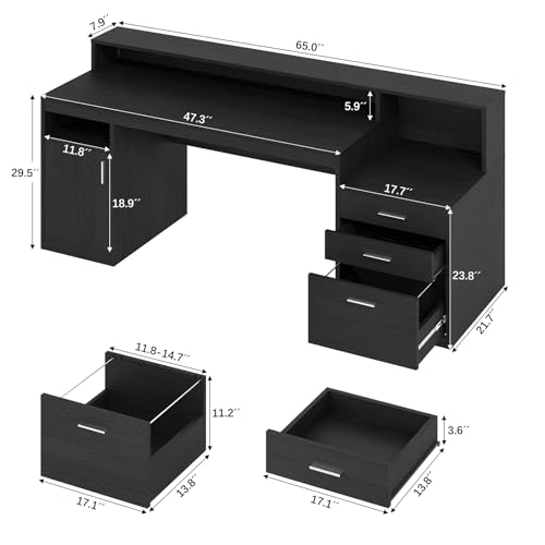 65" Black Computer Desk with 3 Drawers & Printer Shelf for Home Office, view 3