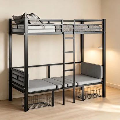 Full Size Loft Bed with Drawer and Desk & Table Sets Transformable for Bedroom,Dormitory,Living Room,Metal Sturdy Bed Frame w/Full-Length Guardrails,Full Over Full Bunk Bed,Black