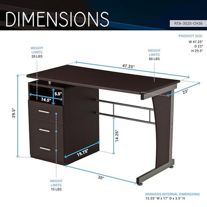48" W Computer Desk with Drawers, Home Office Desk with Storage, Heavy Duty and Water Resistant Study Table, Chocolate Brown