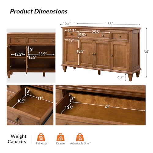 58" Sideboard Buffet Cabinet with Storage & Drawers, Acorn, view 3