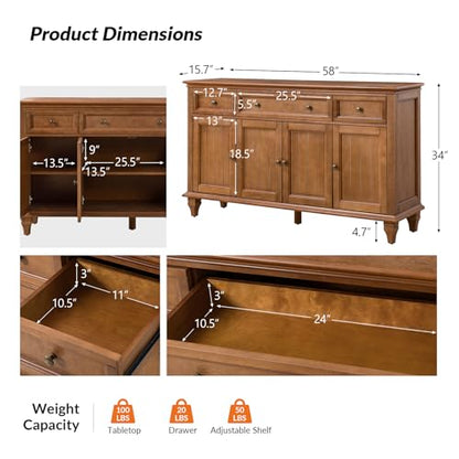 58" Sideboard Buffet Cabinet with Storage & Drawers, Acorn, view 3
