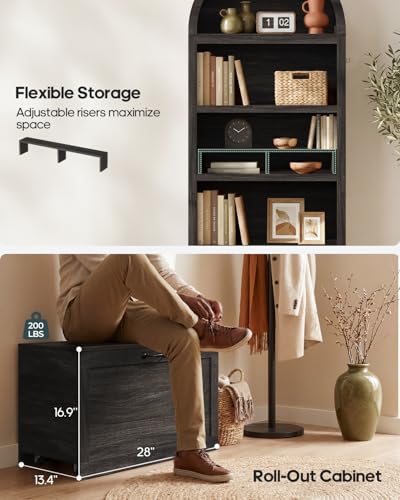 76.6" Arched Bookshelf with Rolling Storage Bench, view 5