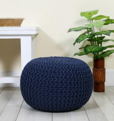 Hand Knitted Upholstered Pouf Cotton Braid Cord Cable Ottoman - Foot Stool - Accent Seat Furniture Bean Bag 18x18x14 Inches - Blue (Navy)
