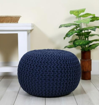 Hand Knitted Upholstered Pouf Cotton Braid Cord Cable Ottoman - Foot Stool - Accent Seat Furniture Bean Bag 18x18x14 Inches - Blue (Navy)