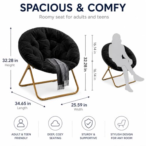 Saucer Chair, Comfy Faux Fur Chair for Bedroom, Saucer Chairs for Adults, Teens, Round Shaped Moon Chair with Foldable Metal Frame, Black