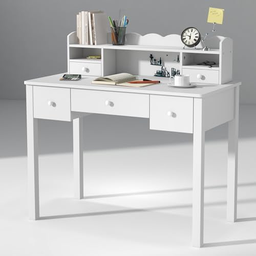 Writing Desk with Hutch, 40" Small White Desk for Girls, 5 Drawers, view 2