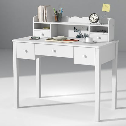 Writing Desk with Hutch, 40" Small White Desk for Girls, 5 Drawers, view 2