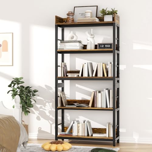 Bookshelf, 66" H 5-Tiers Heavy Duty Industrial Shelving Wood & Metal Bookcase, Rustic and Black Tall Shelf Units for Home, Office, Living Room