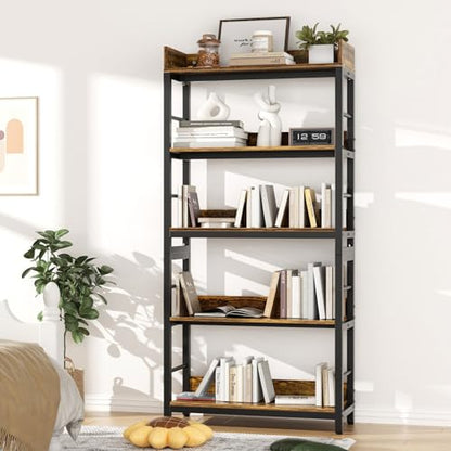 Bookshelf, 66" H 5-Tiers Heavy Duty Industrial Shelving Wood & Metal Bookcase, Rustic and Black Tall Shelf Units for Home, Office, Living Room