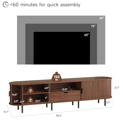 86.6" TV Stand with Power Outlet for TVs up to 90", Walnut Media Console, view 4