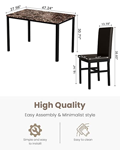 Dining Table Set for 4, Modern Kitchen & Dining Room Sets Faux Marble Table with 4 Leather Chairs for Small Space, Home Kitchen, Apartment, Brown
