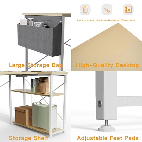 L-Shaped Computer Desk with Power Outlets, Reversible Shelves, view 6
