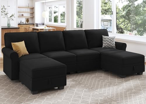 Sectional Sofa with Storage Seat Velvet U Shaped Couch with Reversible Chaise Convertible Sectional Couches for Living Room,Black Velvet