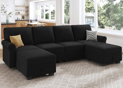 Sectional Sofa with Storage Seat Velvet U Shaped Couch with Reversible Chaise Convertible Sectional Couches for Living Room,Black Velvet