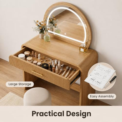 Makeup Vanity Desk with LED Mirror, Drawer and Curved Edges Natural, view 6