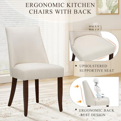 Upholstered Dining Chairs Set of 4, Mid Century Modern Kitchen Chairs with Back, Farmhouse Fabric Side Dining Room Chairs with Wood Legs for Dining Room Restaurant, Beige