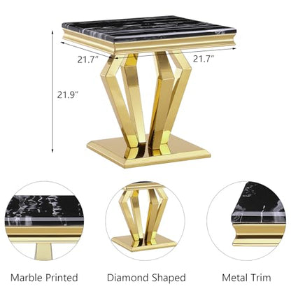 Black and Gold End Table for Living Room, Modern Square Side Table with Polished Stainless Steel Geometric Diamond Base
