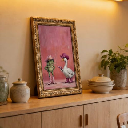 Whimsical Pink Cowboy Frog and Duck Poster Cute Western Animal Wall Art | Funny Trendy Cowgirl Aesthetic Picture Cozy Room Vibe Mood Booster Decor