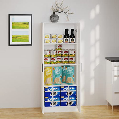 Wooden Storage Cabinet, Narrow Pantry Cabinets Free Standing Tall Storage Cabinet with 2 Doors and Shelves (White)