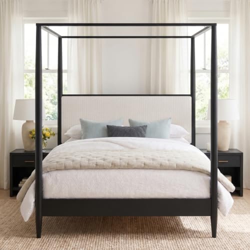 Queen 4-Poster Wood Canopy Bed with Boucle Headboard, Black, view 7