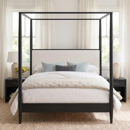 Queen 4-Poster Wood Canopy Bed with Boucle Headboard, Black, view 7
