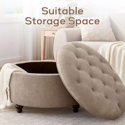 30-Inch Round Storage Ottoman, Modern Button Tufted Coffee Table with Removable Top, Upholstered Ottoman with Storage Footrest Stool for Living Room, Bedroom and Office(Brown)