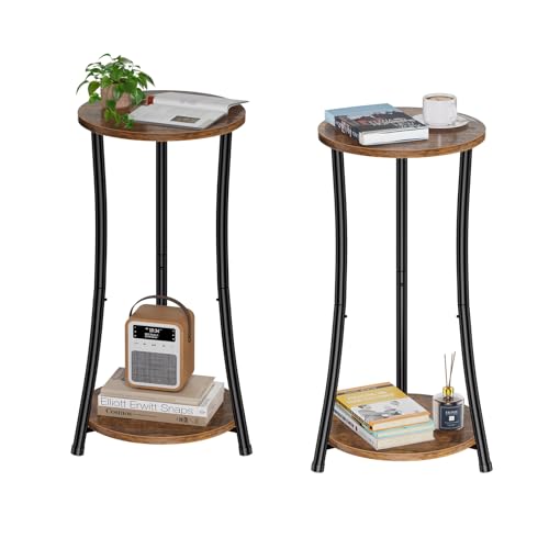 Round Side Table, 2 Tiers End Table for Living Room with Storage Shelf, Slim Sofa Table Set of 2, Rustic Brown