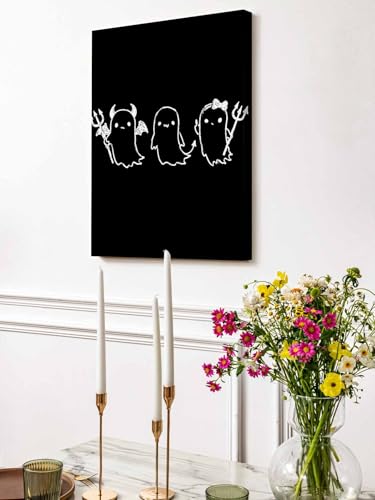 NuYeBiofx Halloween Funny Ghost with Forks Canvas Wall Art Prints,48"x32" Framed Picture Artwork White Devil Sketch on Black Printed Canvas Oil Painting for Living Room Bedroom Office,Ready to Hang