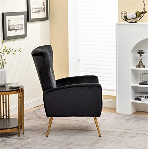 Modern Velvet Accent Chair, Channel Tufted Bedroom, Office or Living Room Furniture with Elegant Metal Legs, 26" Wide Armchair, Black
