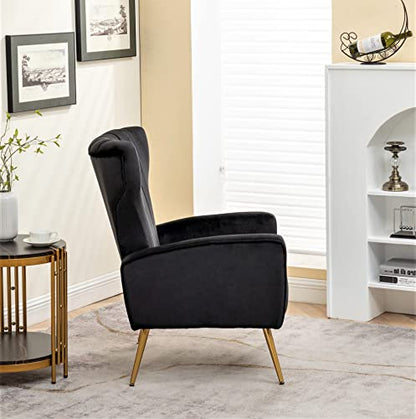 Modern Velvet Accent Chair, Channel Tufted Bedroom, Office or Living Room Furniture with Elegant Metal Legs, 26" Wide Armchair, Black