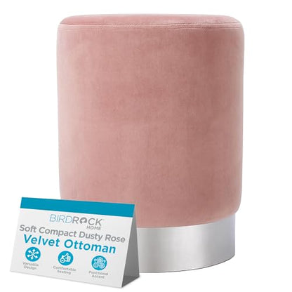 Round Ottoman Foot Stool – Modern Soft Padded Velvet Vanity Chair with Silver Metal Trim – Accent Chair or Foot Rest for Living Room, Bedroom, or Dressing Room (Dusty Rose)