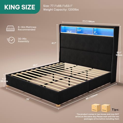 King Size Bed Frame with Charging Station and RGB LED Lights, view 3