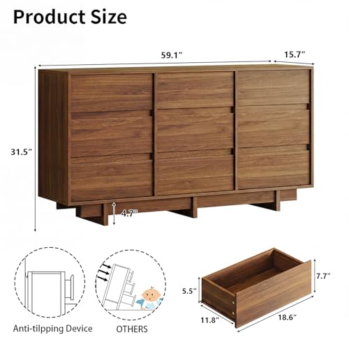 Walnut Dresser for Bedroom, 59in Modern 9 Drawer Chest of Drawers, view 3
