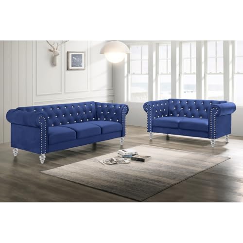 Chesterfield Velvet Sofa and Loveseat Set - 2 Piece Living Room Furniture Set Royal Blue
