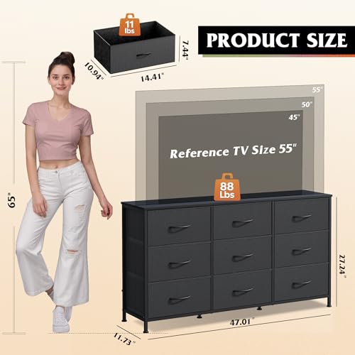 Dresser TV Stand for 55 Inch TV, 9 Drawer Dresser for Bedroom, Black, view 4
