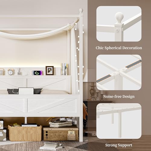 Queen Size Canopy Bed Frame with Barn Door Storage Headboard, Beige, view 6