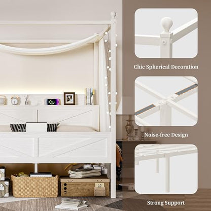 Queen Size Canopy Bed Frame with Barn Door Storage Headboard, Beige, view 6