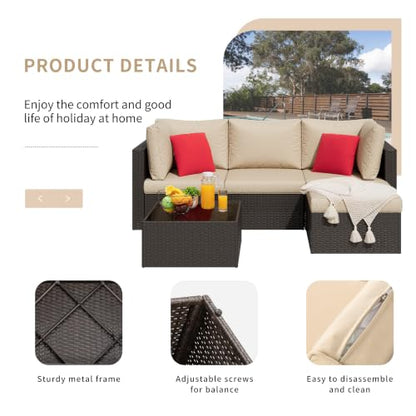 5 Pieces Patio Furniture Sets Outdoor All-Weather Sectional Patio Sofa Set PE Rattan Manual Weaving Wicker Patio Conversation Set with Glass Table&Ottoman Cushion and Red Pillows, Beige
