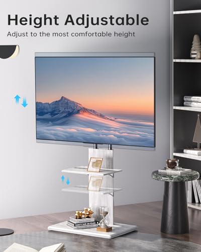 Floor TV Stand for 32-70" TVs, Height Adjustable, Media Shelf | White Furniture-style design with ±15° swivel, Supports up to 99 lbs, sturdy wood base for living room, Max VESA 600×400mm