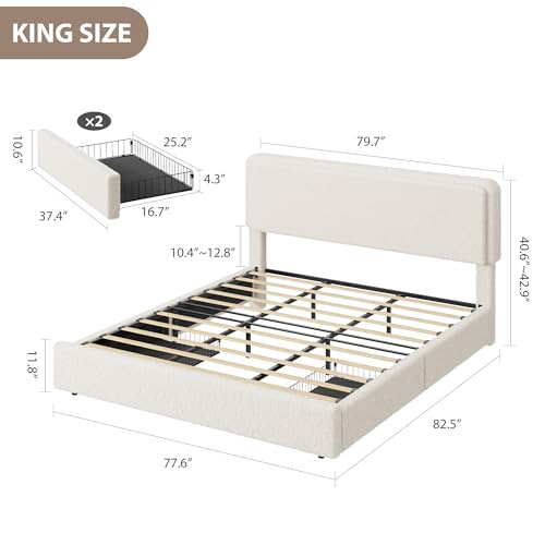 Bed Frame with 2 Storage Drawer, Cream Beige, King, view 3