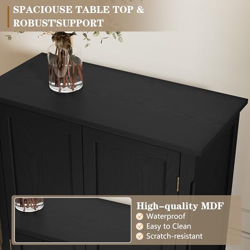 Sideboard Buffet Cabinet with Storage, Retro Wood Accent Cabinet with 2 Doors, Credenza with Adjustable Shelves for Living Room, Hallway, Entryway, Black