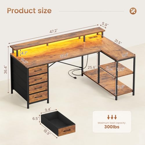 L Shaped Desk with 4 Drawers and Storage Shelves, L Shaped Gaming Desk with LED Lights & Power Outlets, Computer Desk with Shelves & Drawer, Corner Desk Home Office Desk, Rustic Brown
