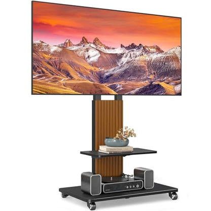 Heavy Duty Rolling TV Stand for 55-100 inch Large Screens | Supports up to 172 lbs (150 lbs TV + 22 lbs Shelf), Mobile TV Cart with Wooden Base and Lockable Wheels, Black and Walnut